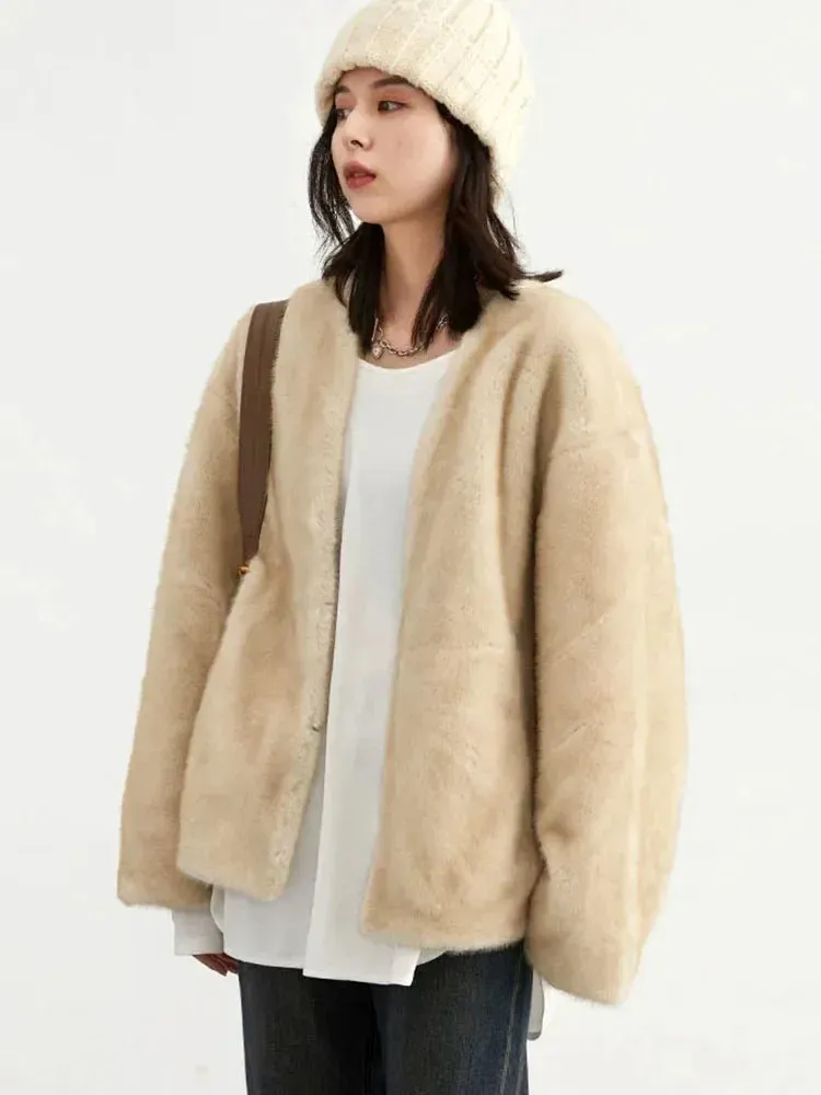 1 - SC - Women's Plush Overcoat: Casual, solid, V-neck outerwear, perfect for autumn and winter