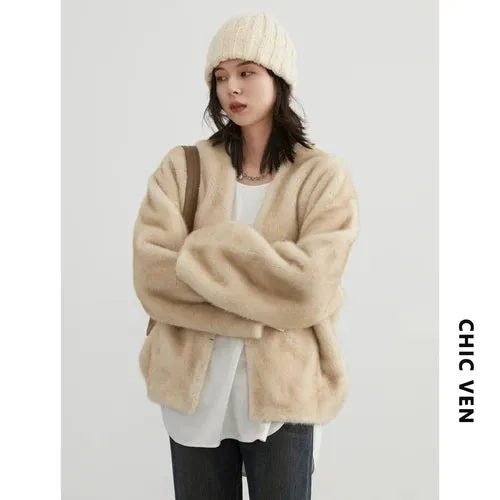 1 - SC - Women's Plush Overcoat: Casual, solid, V-neck outerwear, perfect for autumn and winter