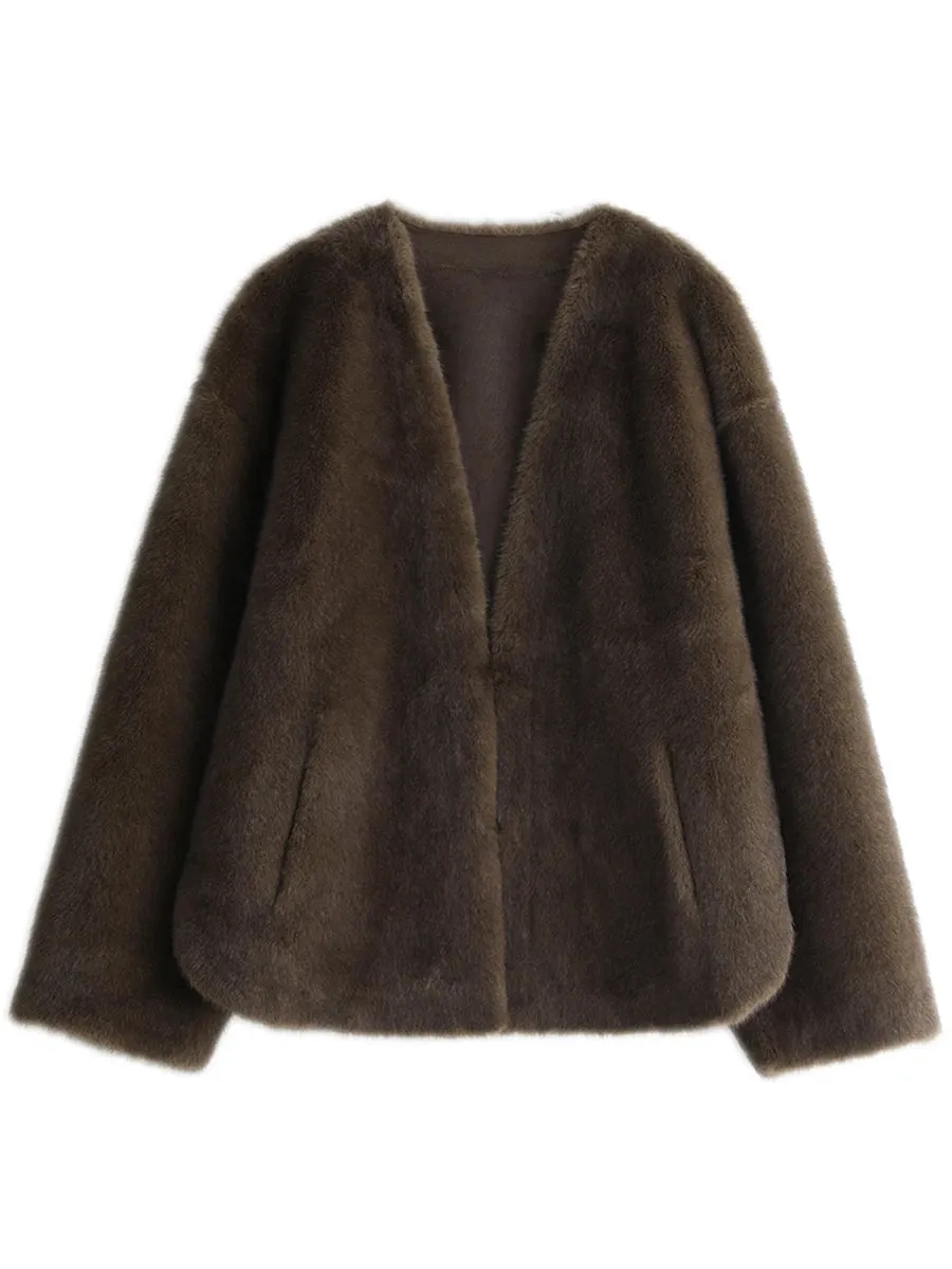 1 - SC - Women's Plush Overcoat: Casual, solid, V-neck outerwear, perfect for autumn and winter