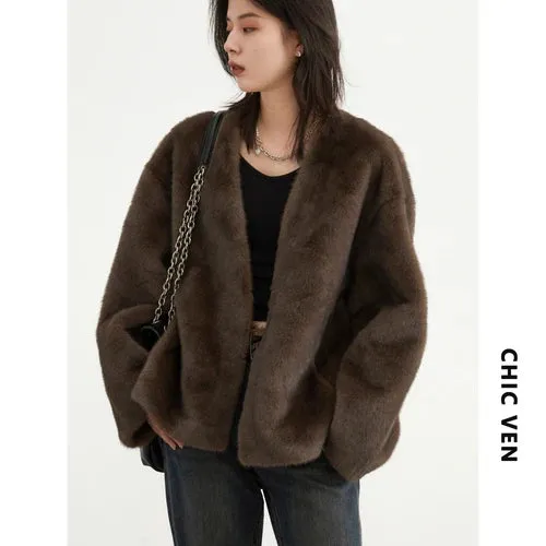 1 - SC - Women's Plush Overcoat: Casual, solid, V-neck outerwear, perfect for autumn and winter