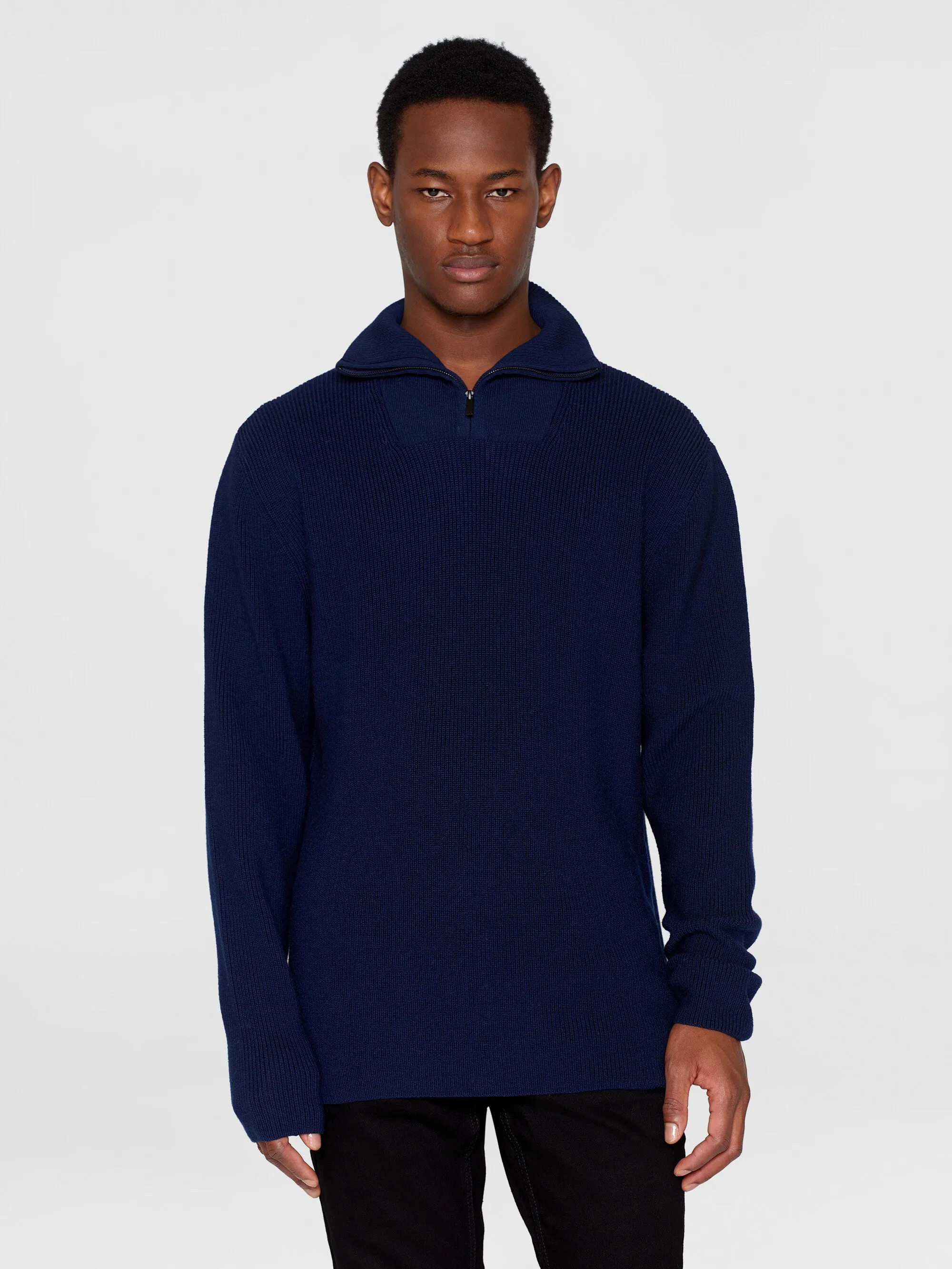 1/2 neck zip merino wool rib knit - Total Eclipse