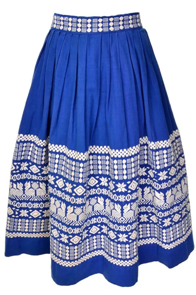 1950s Pelux Vintage Folk Embroidered Blue Skirt Handwoven in Guatemala