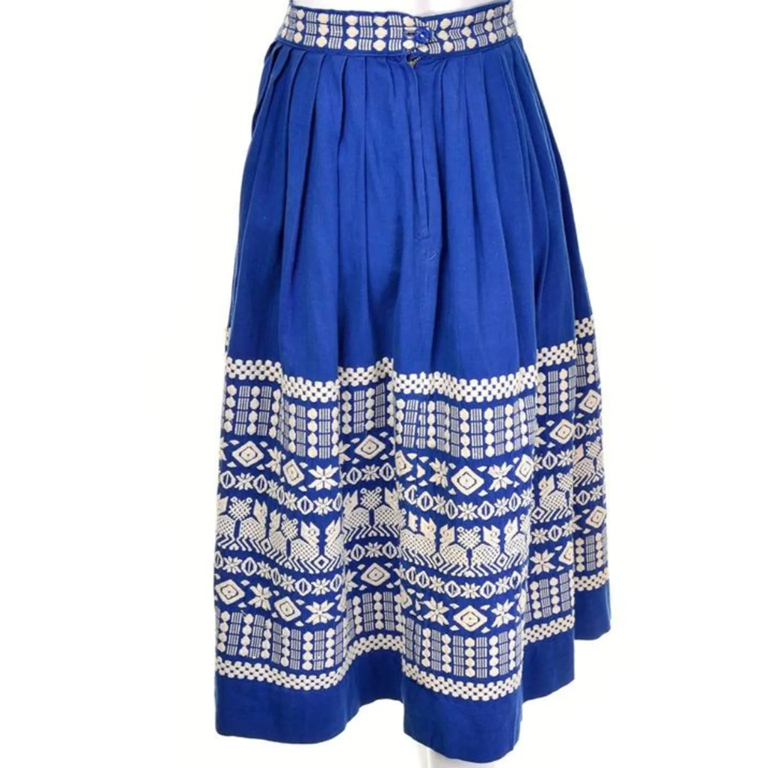 1950s Pelux Vintage Folk Embroidered Blue Skirt Handwoven in Guatemala