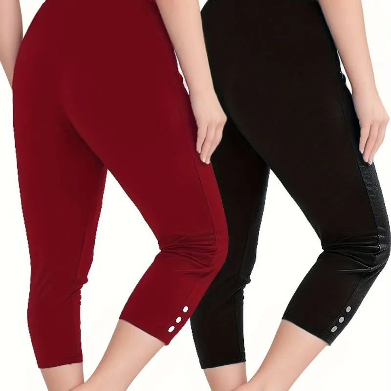 2 Pack Sports Set, Women's Plus Solid Button Decor High Waisted Stretchy Running Yoga Capri Pants