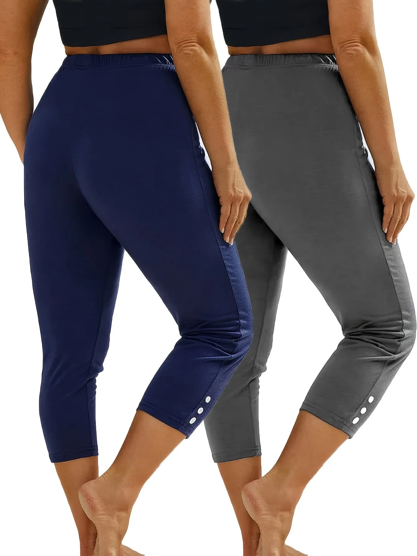 2 Pack Sports Set, Women's Plus Solid Button Decor High Waisted Stretchy Running Yoga Capri Pants