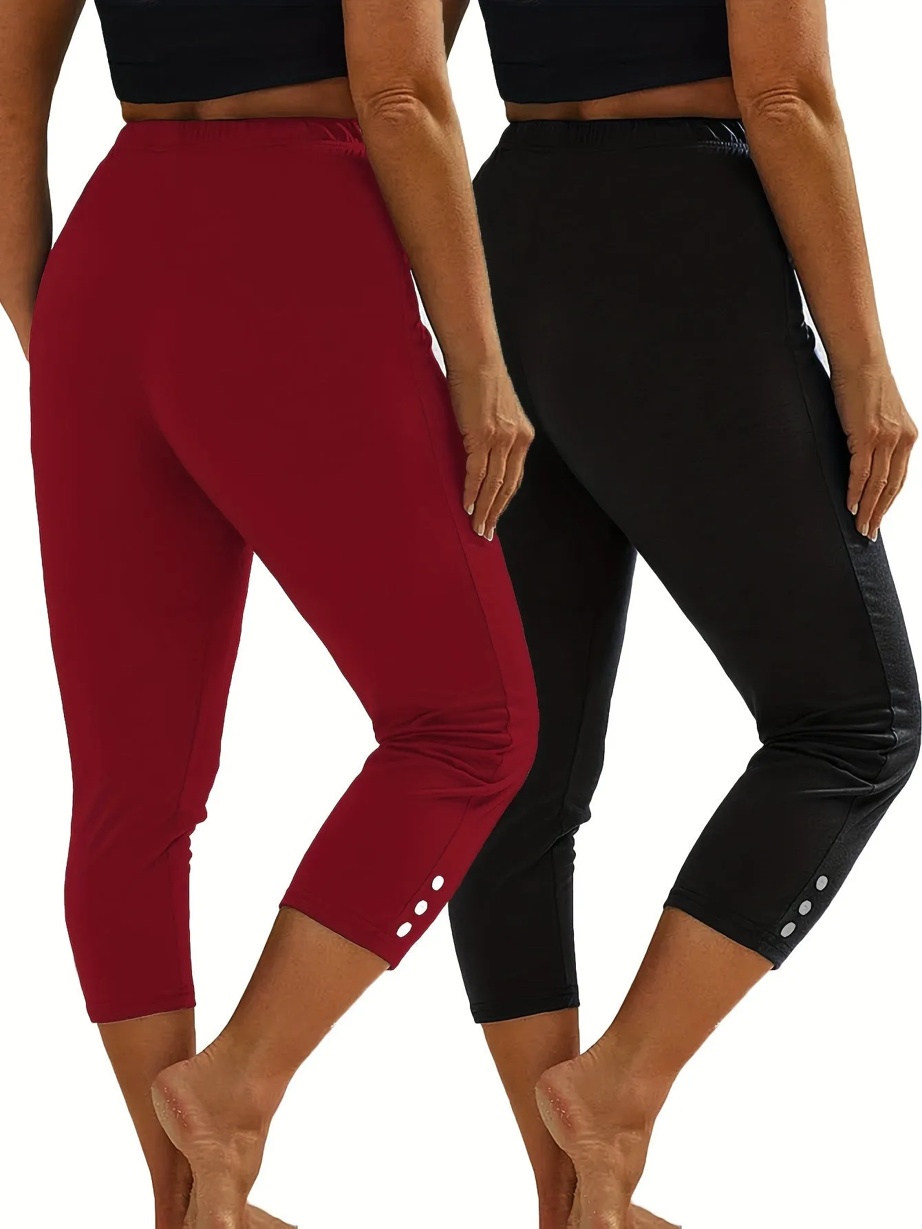 2 Pack Sports Set, Women's Plus Solid Button Decor High Waisted Stretchy Running Yoga Capri Pants