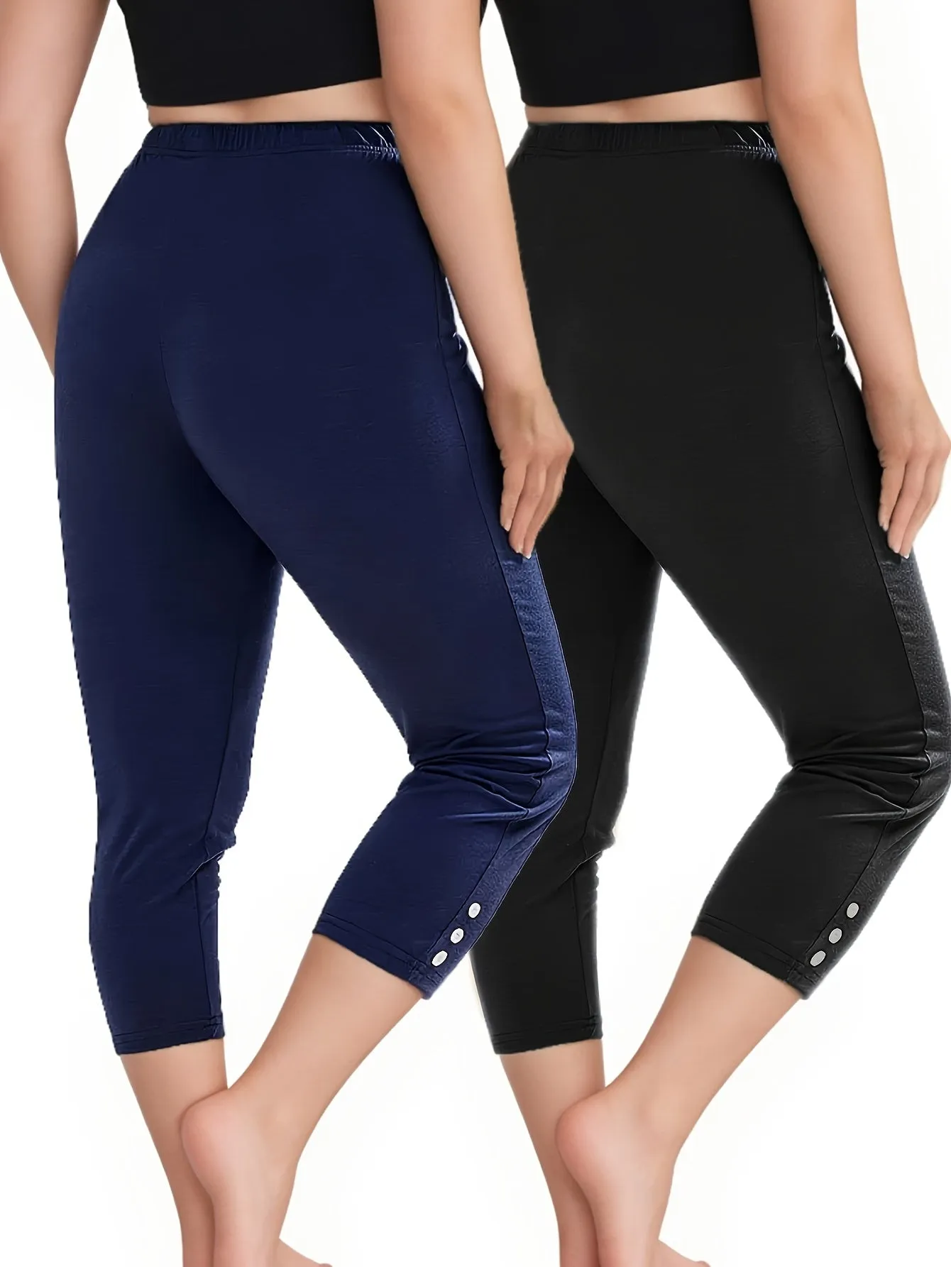 2 Pack Sports Set, Women's Plus Solid Button Decor High Waisted Stretchy Running Yoga Capri Pants