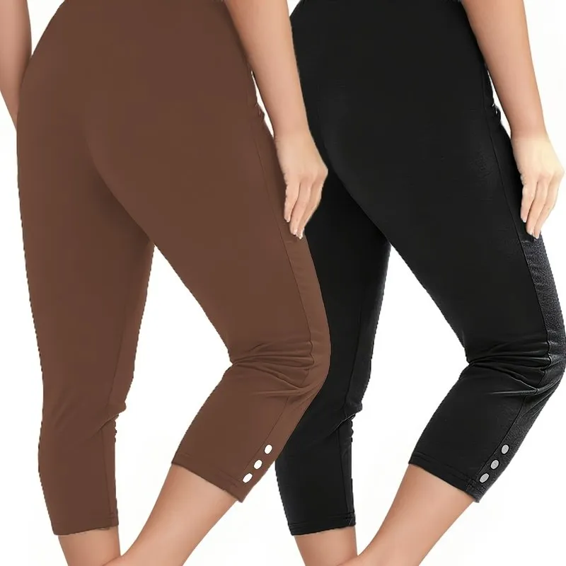 2 Pack Sports Set, Women's Plus Solid Button Decor High Waisted Stretchy Running Yoga Capri Pants