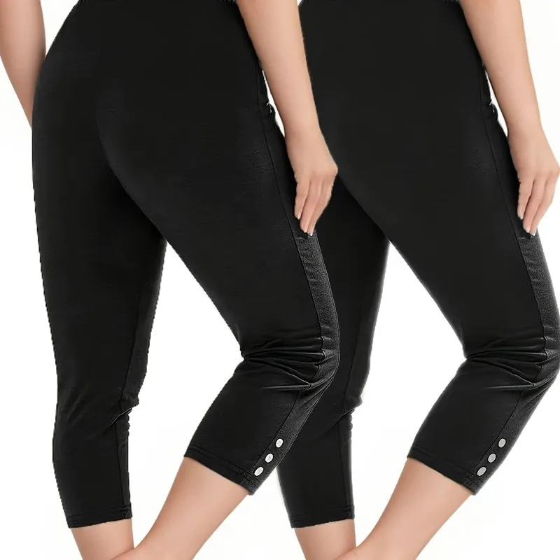 2 Pack Sports Set, Women's Plus Solid Button Decor High Waisted Stretchy Running Yoga Capri Pants