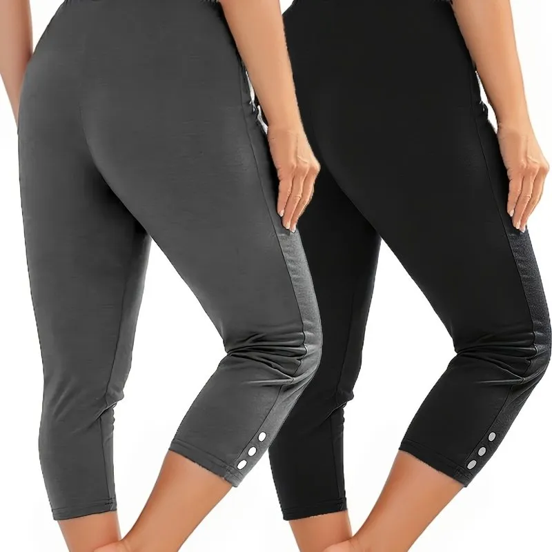 2 Pack Sports Set, Women's Plus Solid Button Decor High Waisted Stretchy Running Yoga Capri Pants