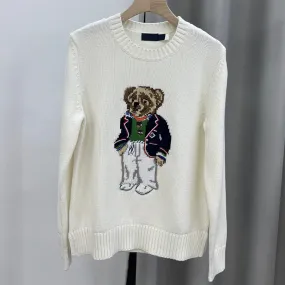 24 autumn and winter white campus wind cartoon bear embroidery loose casual pure cotton round neck pullover knitted sweater women