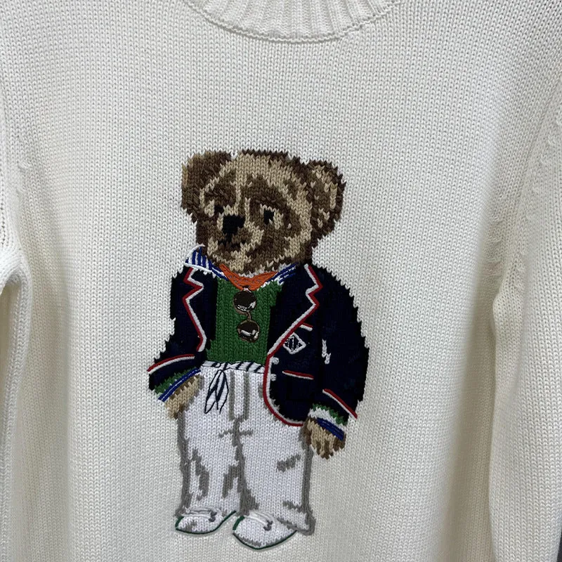 24 autumn and winter white campus wind cartoon bear embroidery loose casual pure cotton round neck pullover knitted sweater women