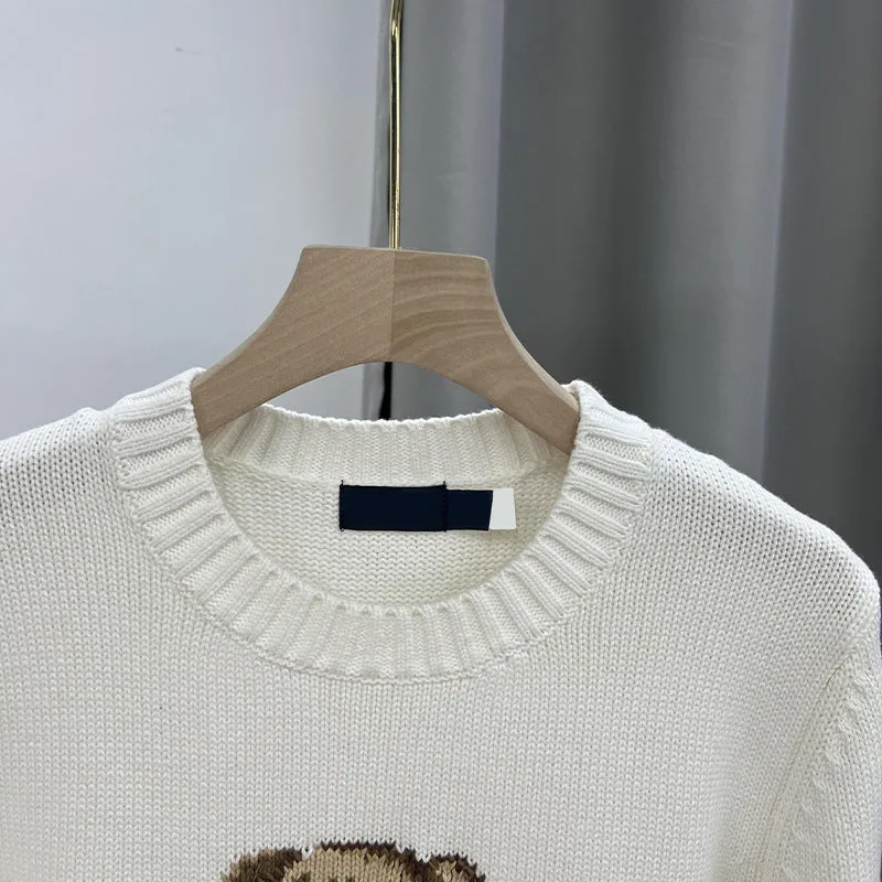 24 autumn and winter white campus wind cartoon bear embroidery loose casual pure cotton round neck pullover knitted sweater women