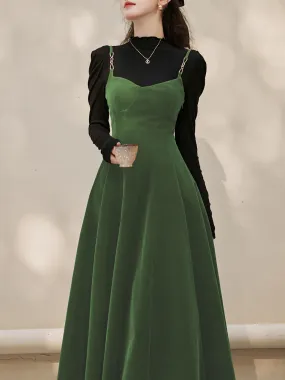 2PS Green Strap Suspender 1950S Dress With Black Sweater