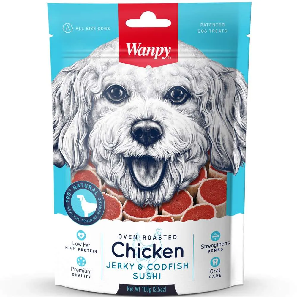 3 FOR $10.50: Wanpy Oven-Roasted Chicken Jerky & Codfish Sushi Dog Treats 100g