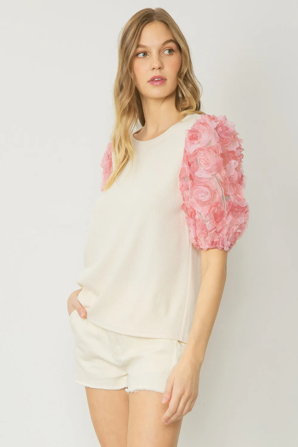 3D Floral Puff Sleeve Top, Natural