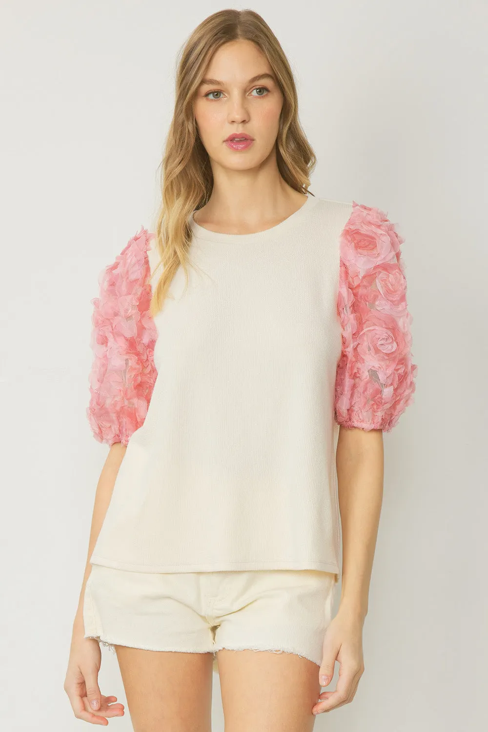 3D Floral Puff Sleeve Top, Natural