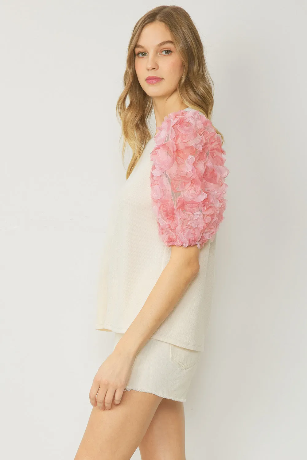 3D Floral Puff Sleeve Top, Natural