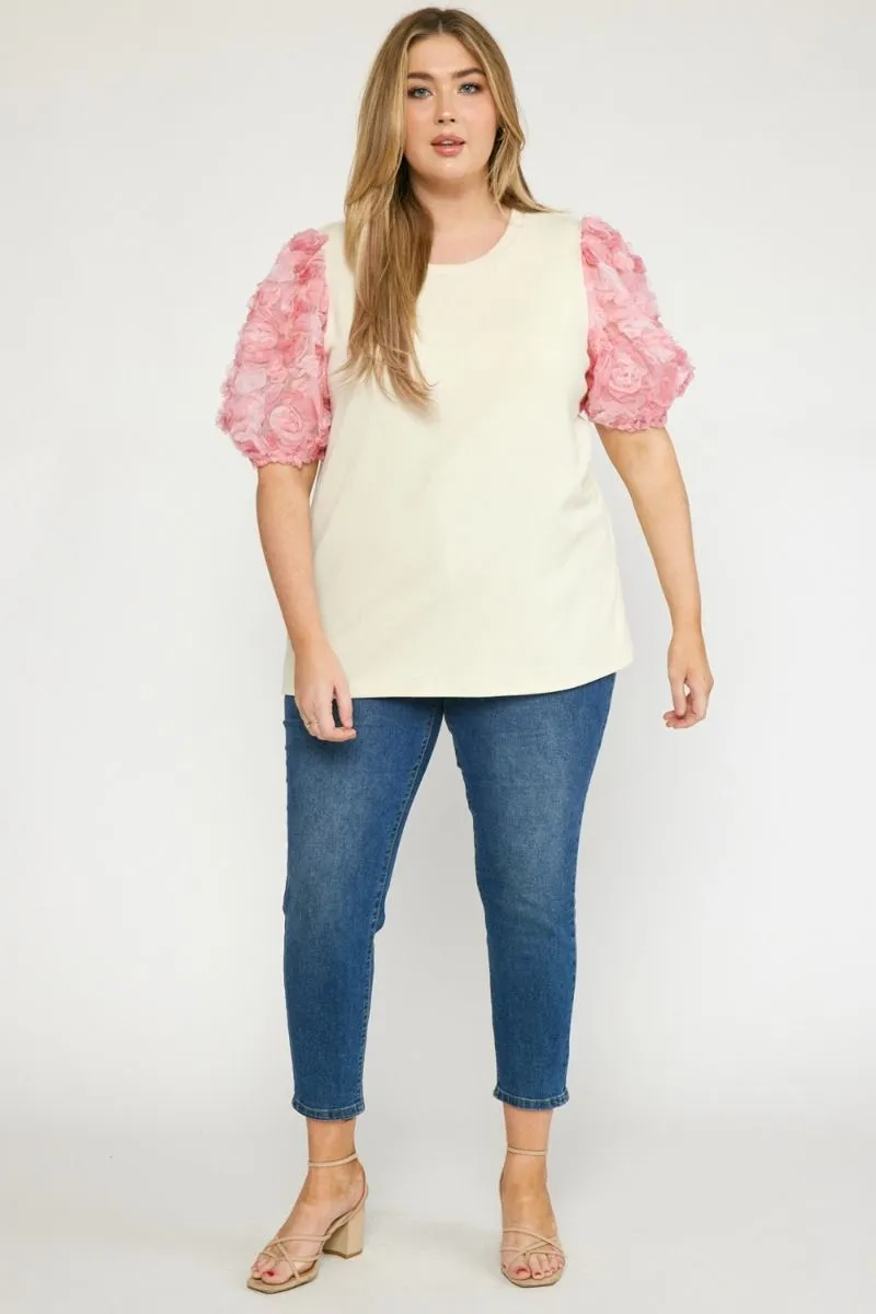 3D Floral Puff Sleeve Top, Natural