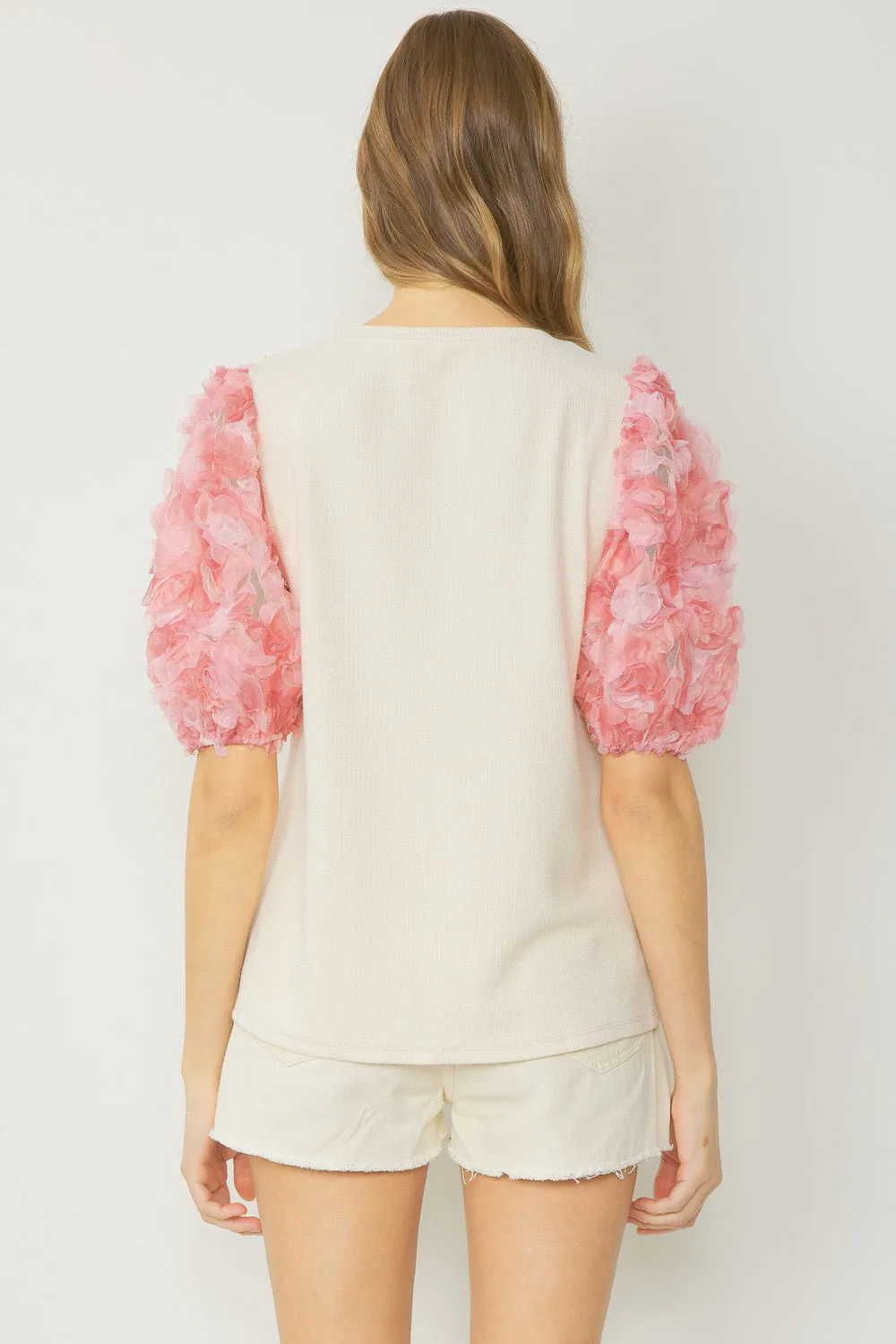 3D Floral Puff Sleeve Top, Natural