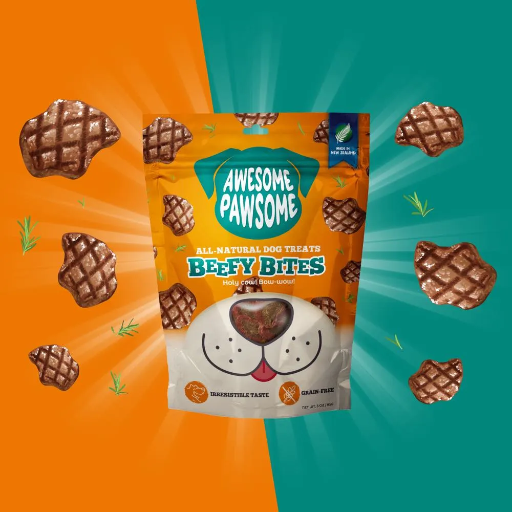 4 FOR $14: Awesome Pawsome Beefy Bites Grain-Free Dog Treats 3oz