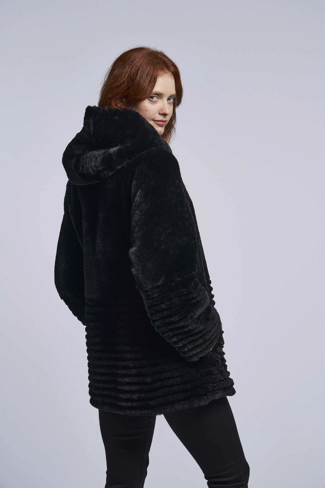 431HD Genuine shearling hooded coat reverses to all weather micro-fiber Holiday Special $490