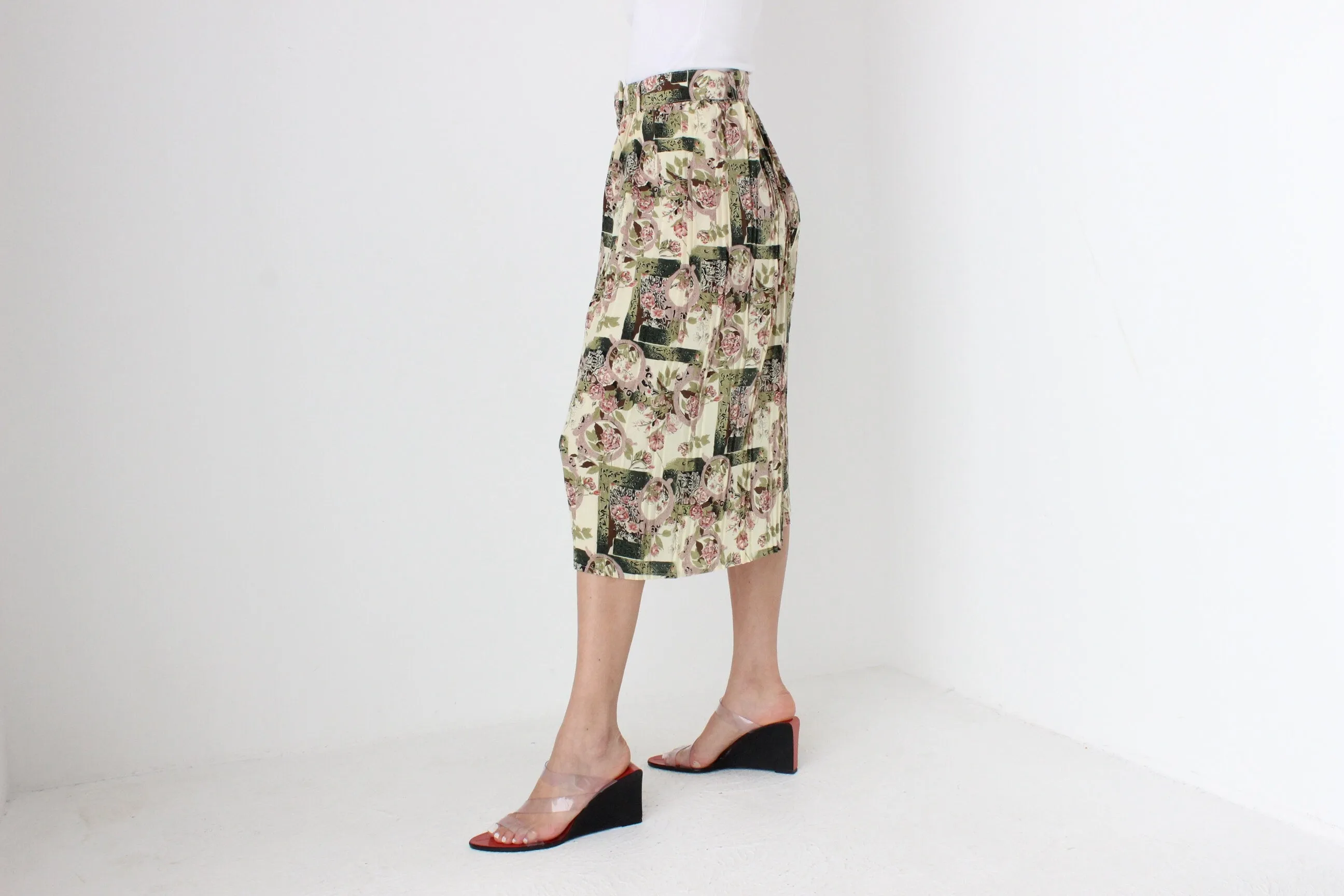 80s Pleated Floral Culotte Shorts w/ Matching Belt