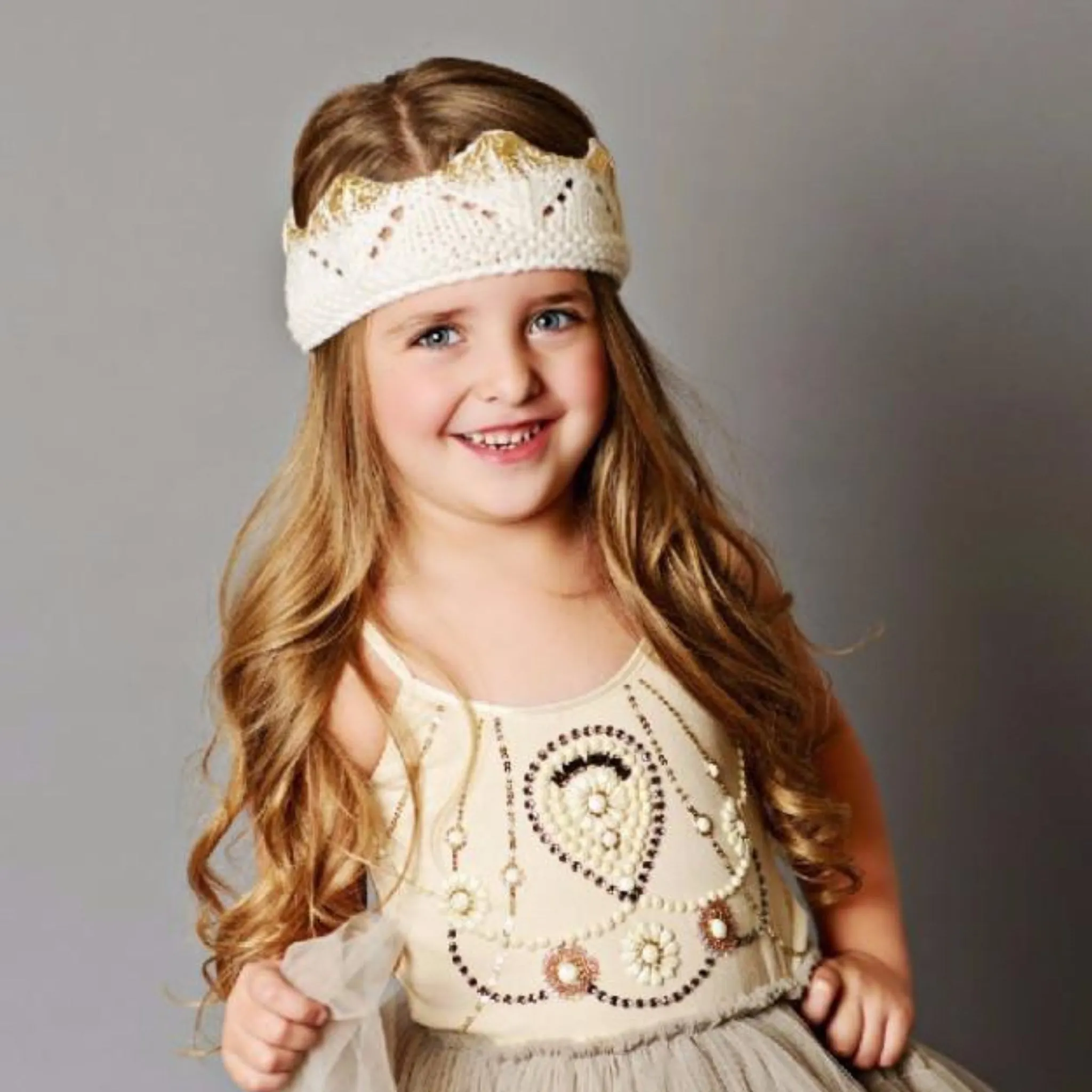 Aiden Hand-Knit Crown, Cream with Gold