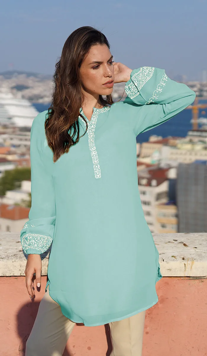 Amalie Embroidered Long Modest Tunic - Aqua Blue