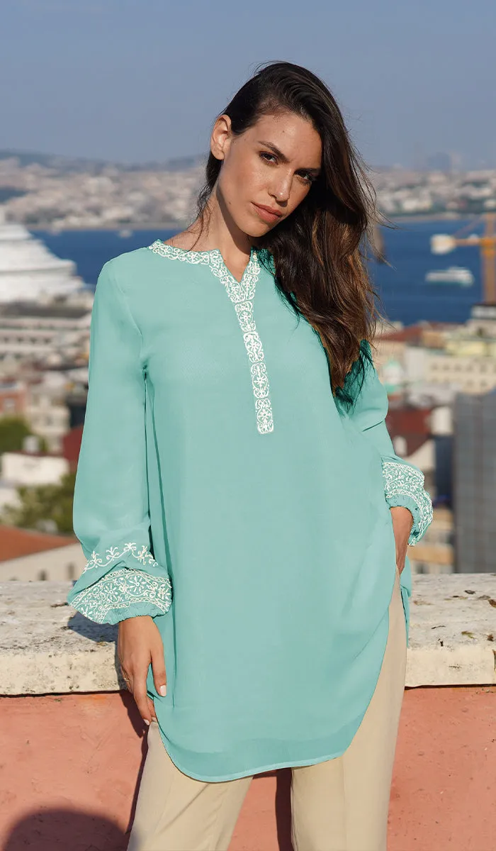 Amalie Embroidered Long Modest Tunic - Aqua Blue