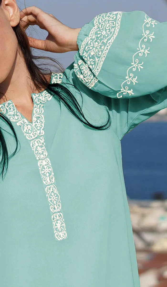 Amalie Embroidered Long Modest Tunic - Aqua Blue