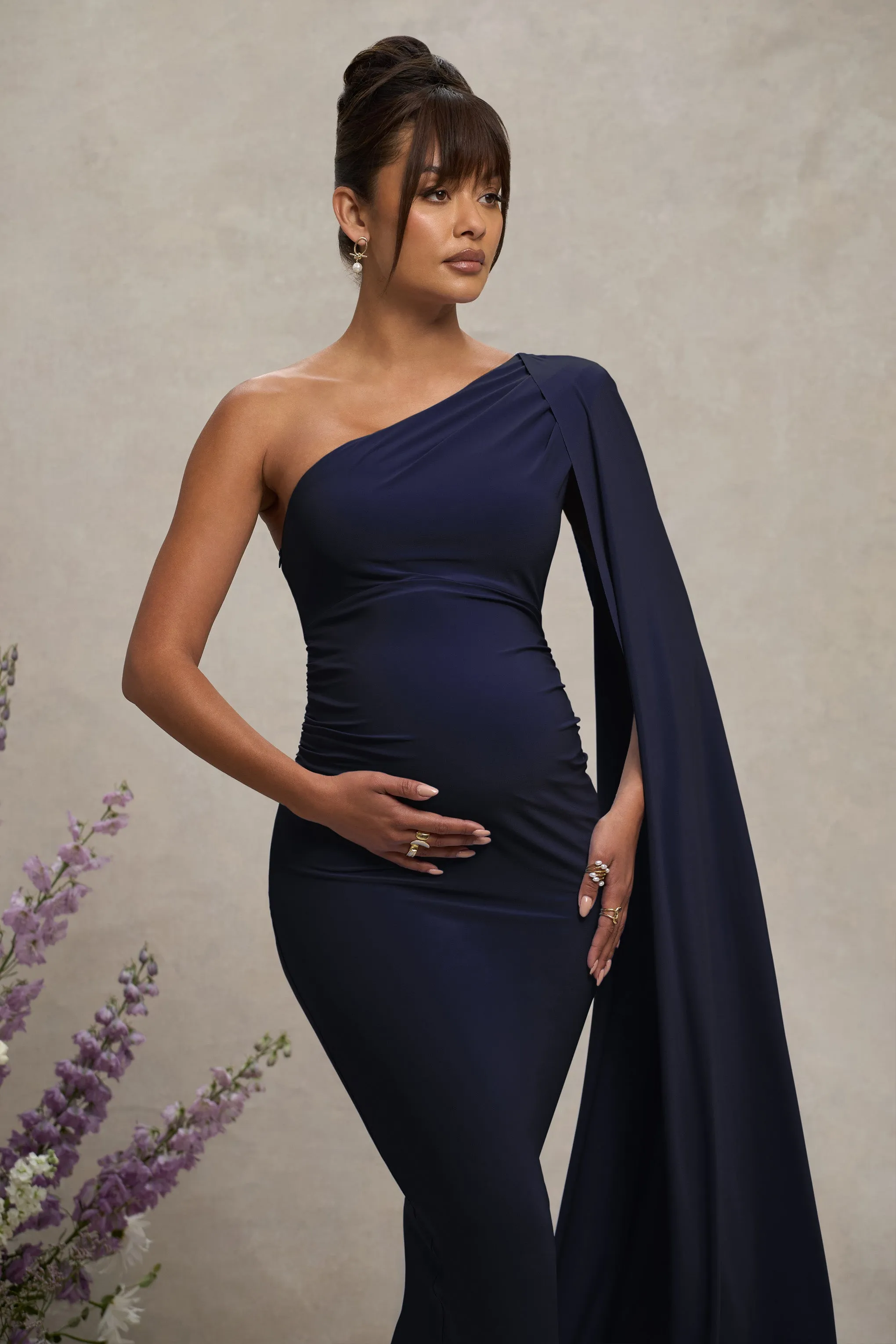 Amaryllis | Navy Maternity One Shoulder Maxi Dress with Cape Sleeve