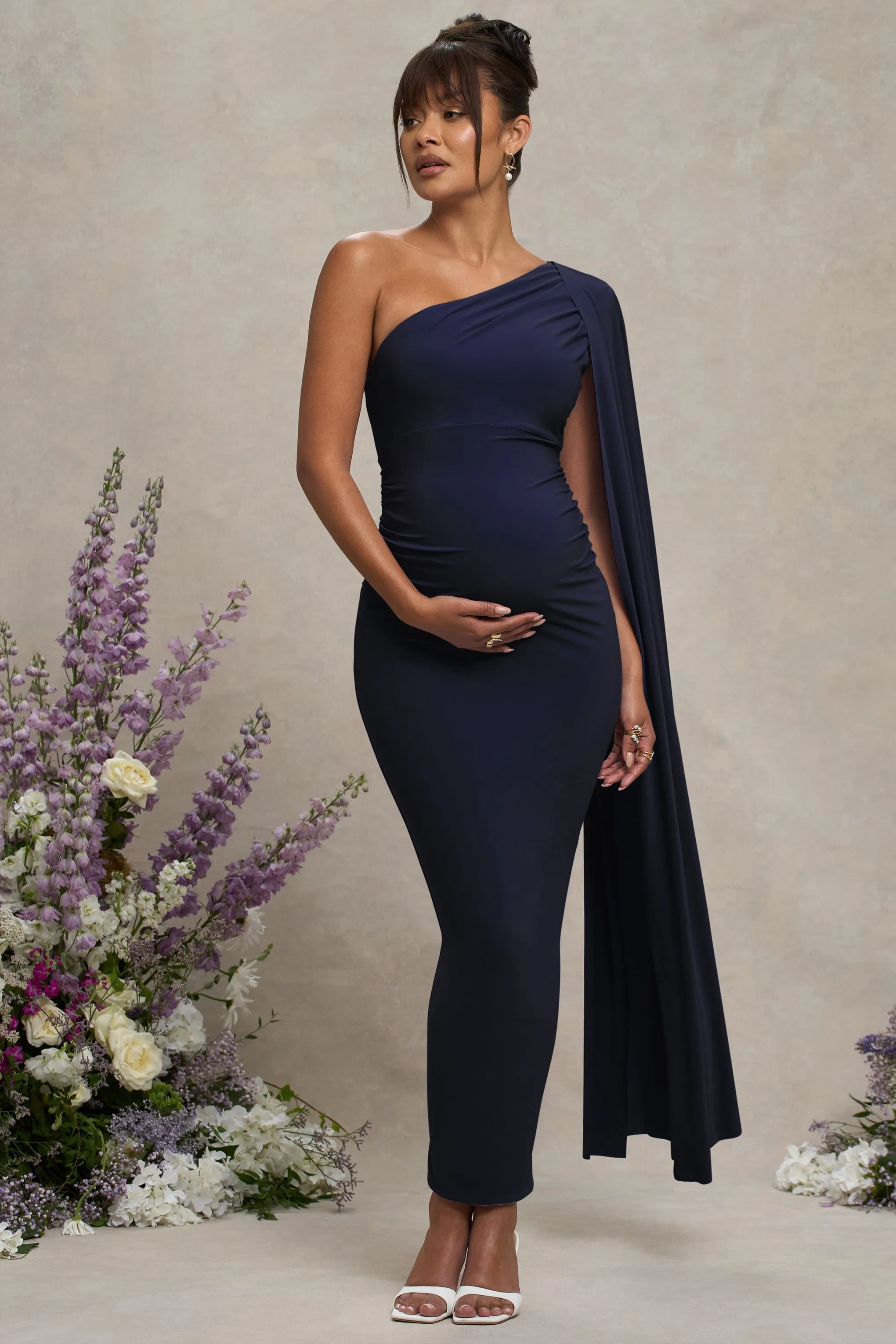 Amaryllis | Navy Maternity One Shoulder Maxi Dress with Cape Sleeve