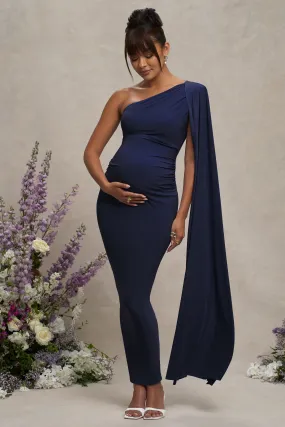 Amaryllis | Navy Maternity One Shoulder Maxi Dress with Cape Sleeve