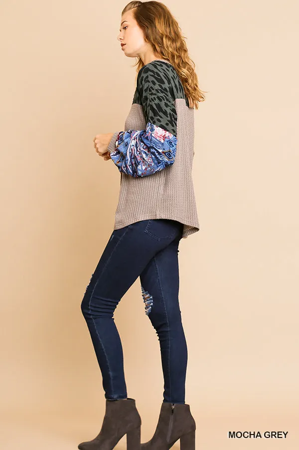 Animal & Aztec Waffle Knit Top, Mocha Gray