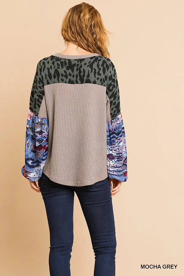 Animal & Aztec Waffle Knit Top, Mocha Gray