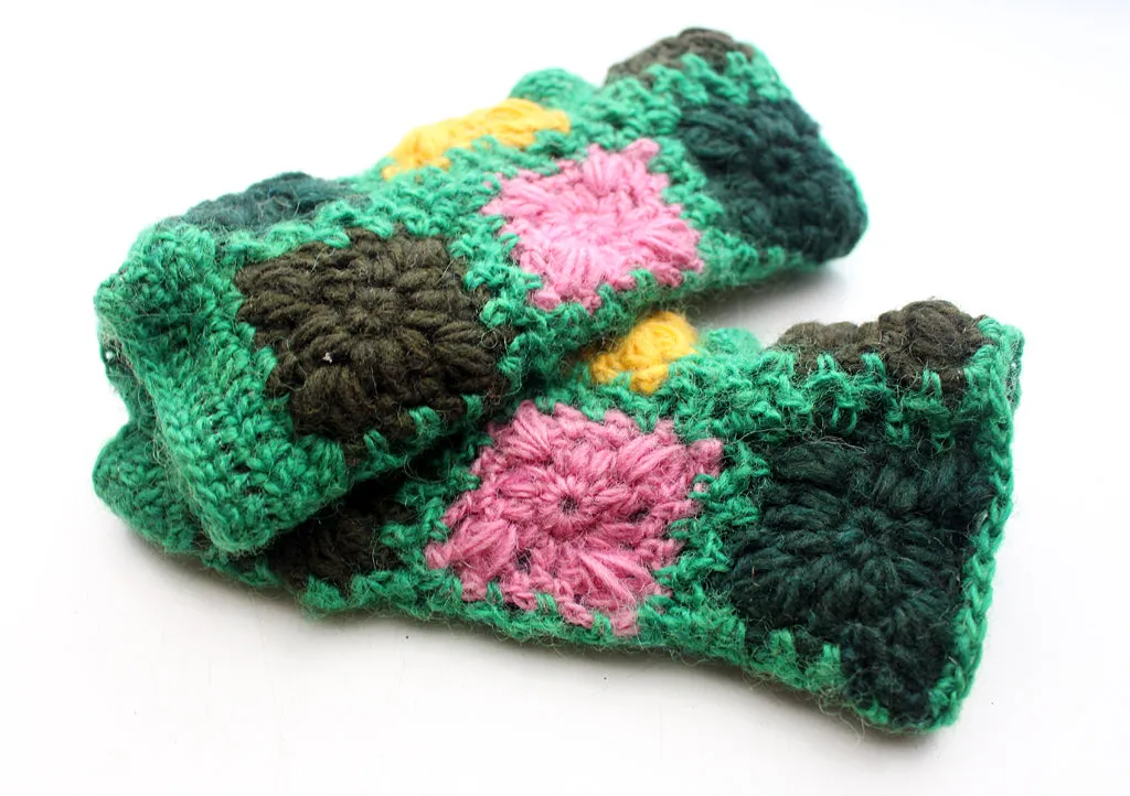 Attractive Hand Crochet Green and Yellow Color Finger less Gloves