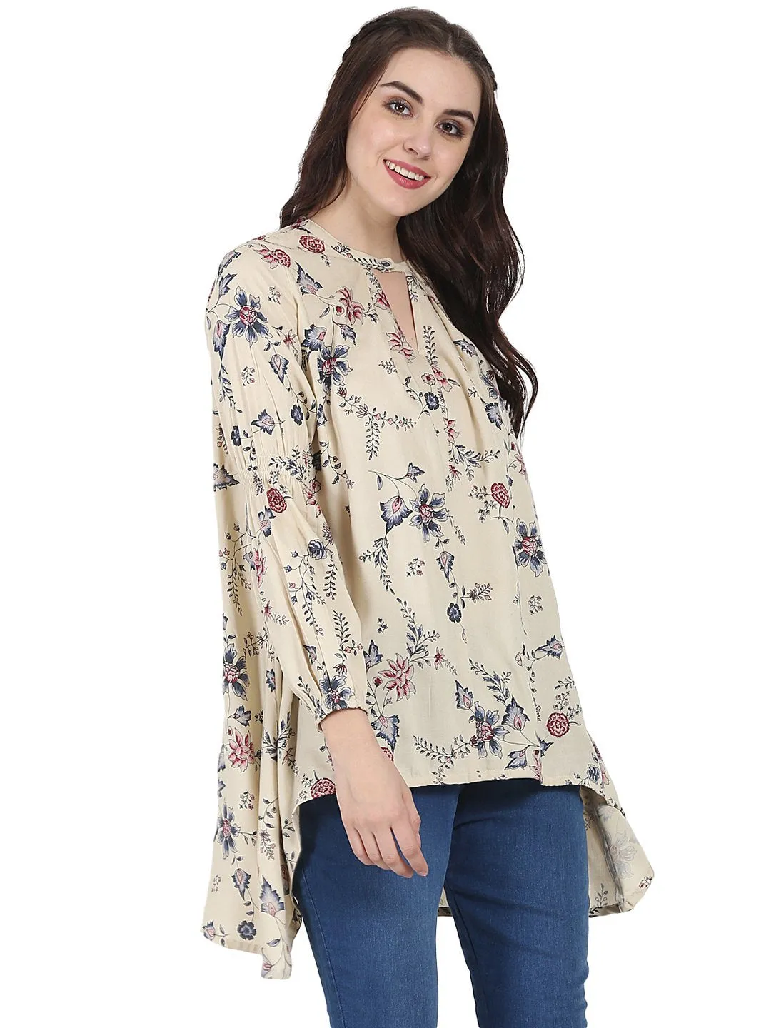 Beige printed full sleeve rayon low high Tunic