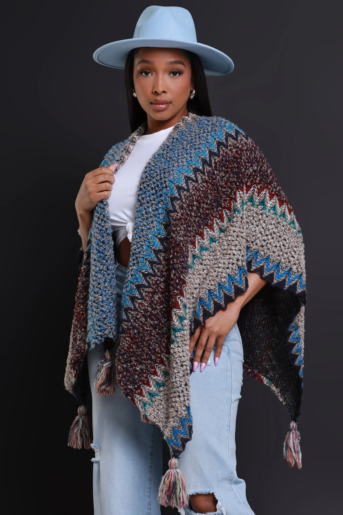 Best In Show Crochet Fringe Poncho - Taupe Multicolor