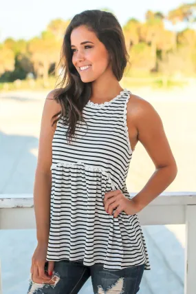 Black and White Striped Babydoll Top with Back Zipper