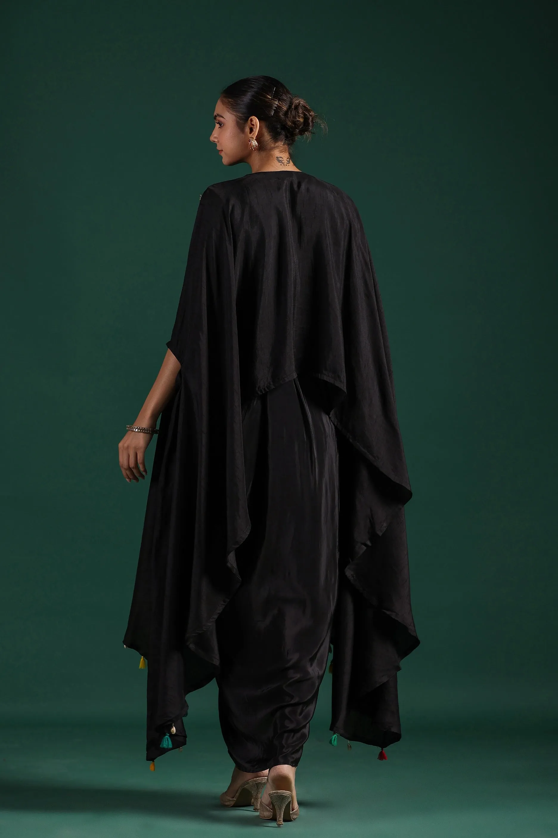 Black Embroidered Raw Silk Draped Skirt Set