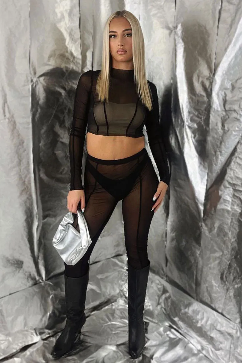 Black Mesh Cropped Top & Toe Detail Leggings Set - Chikako