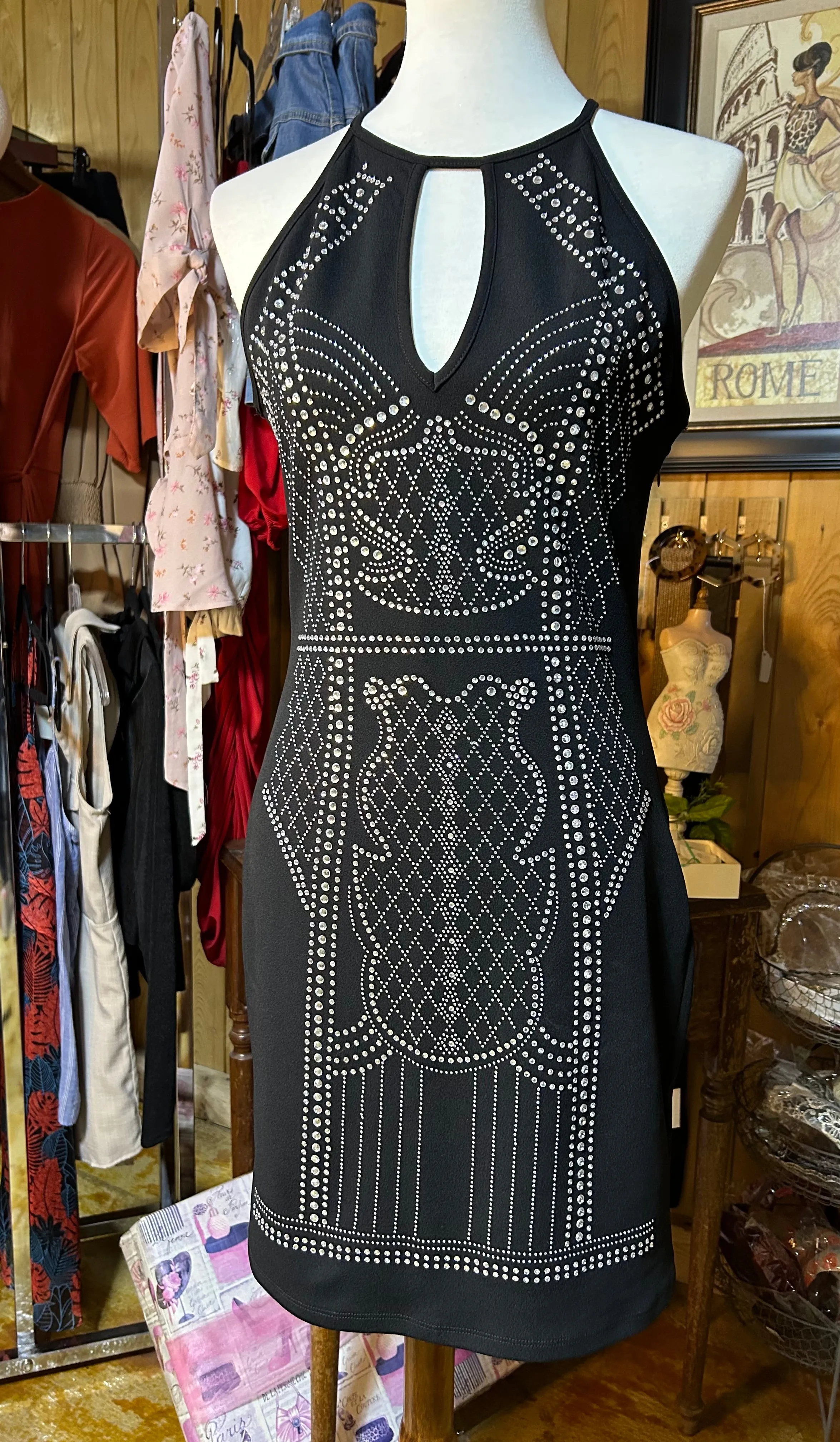 Black Rhinestone Beaded Mini Cocktail Dress