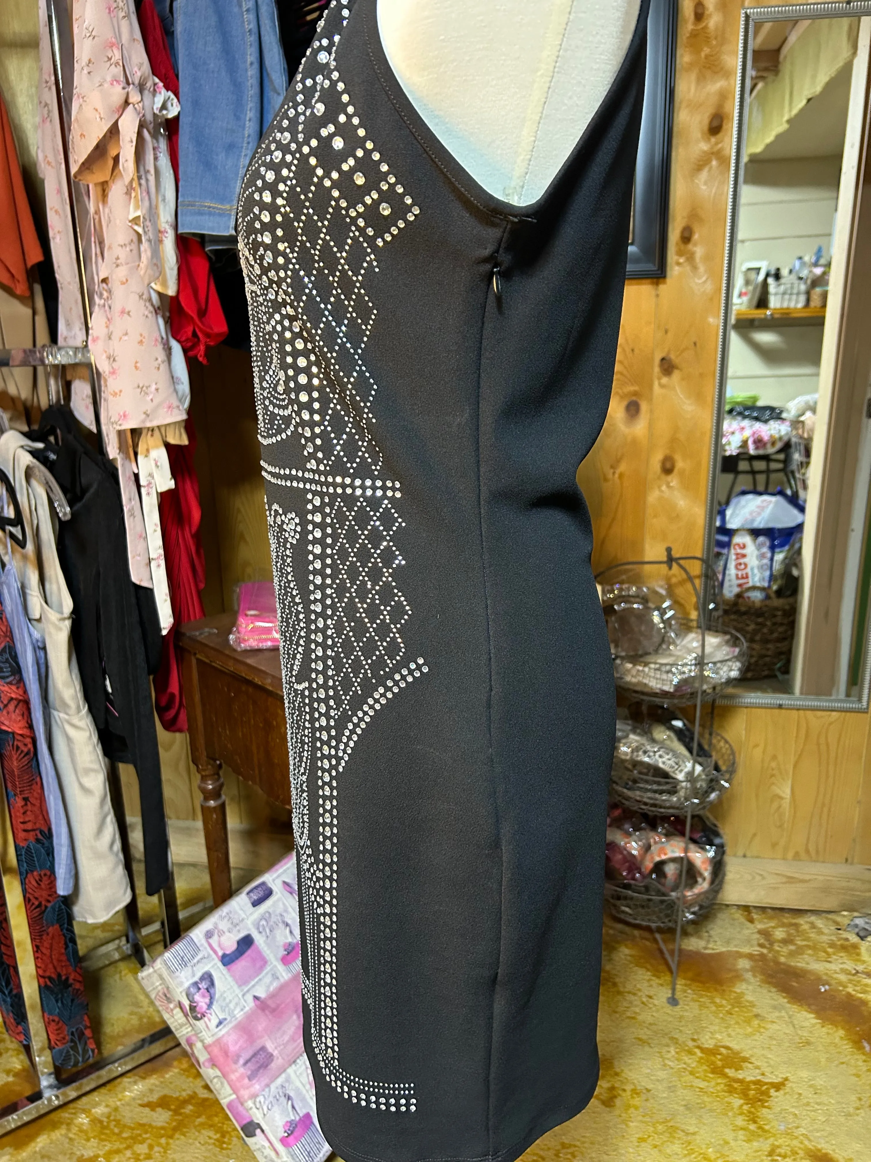 Black Rhinestone Beaded Mini Cocktail Dress