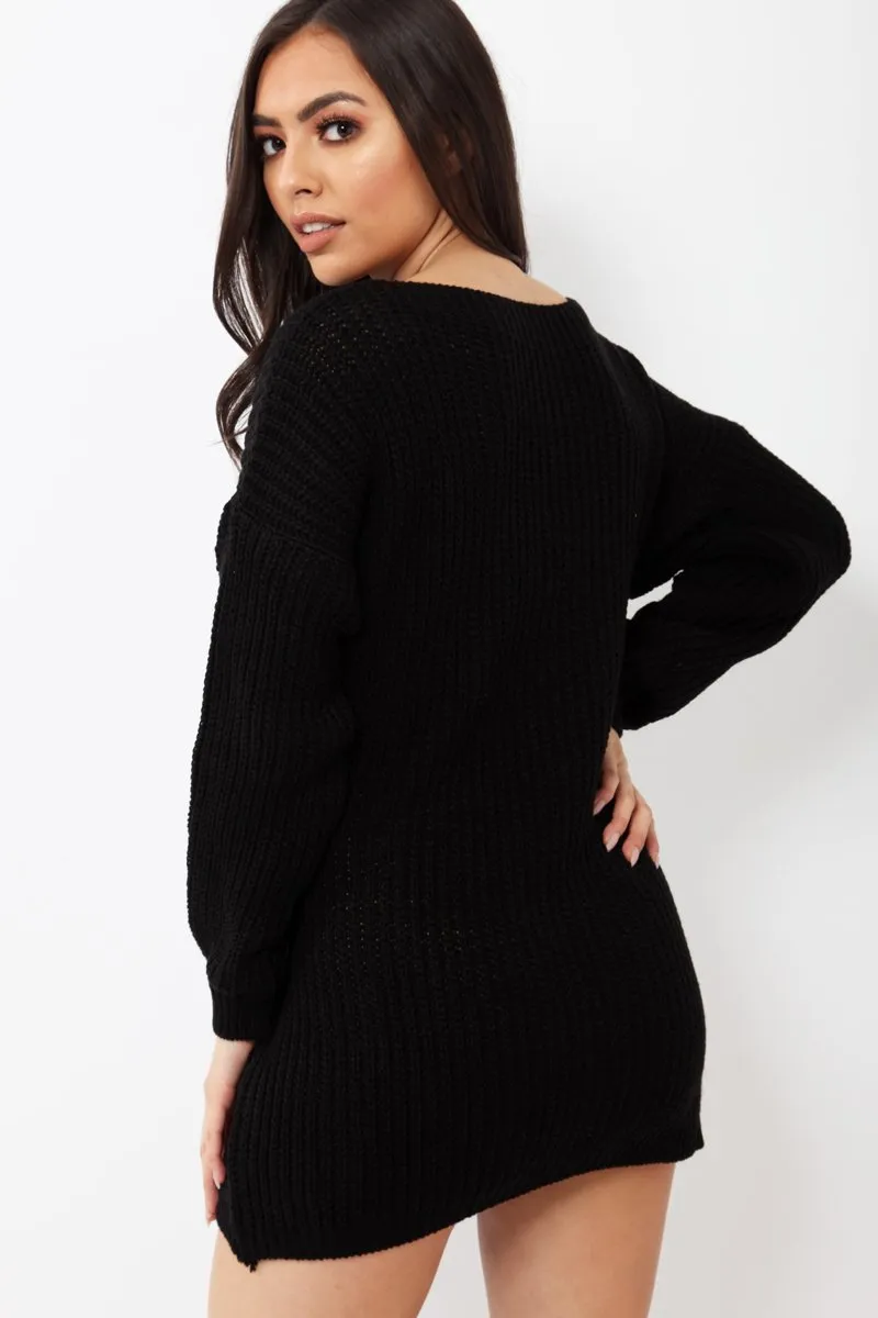 Black Tie Front Knitted Jumper Dress - Harley