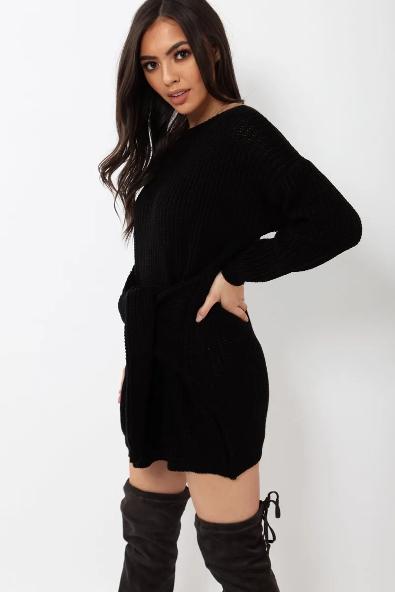 Black Tie Front Knitted Jumper Dress - Harley