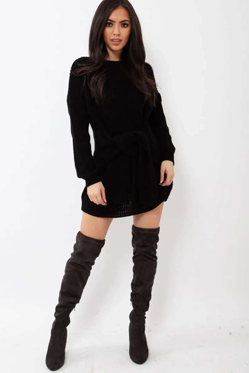 Black Tie Front Knitted Jumper Dress - Harley