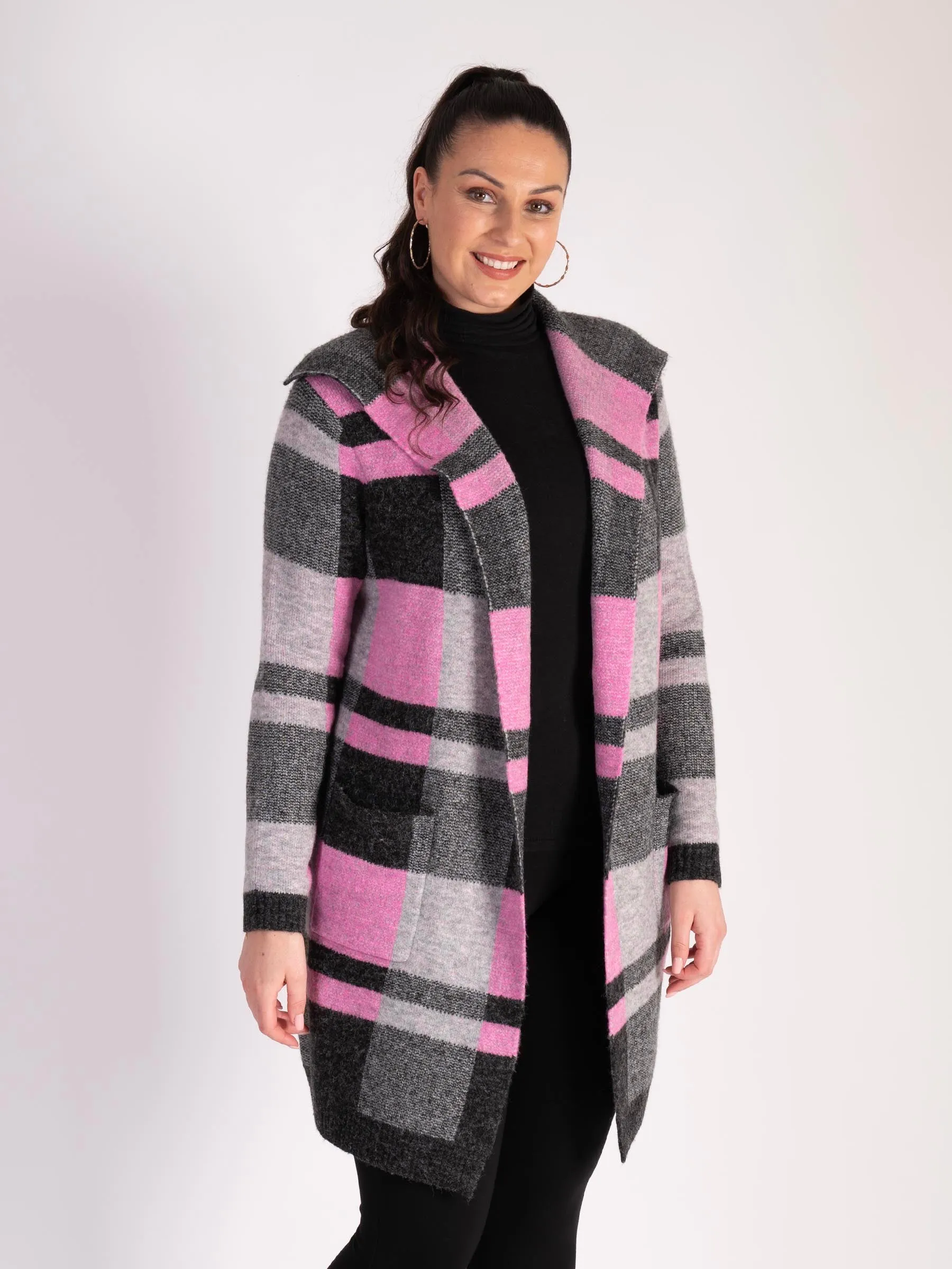 Black/Pink Checked  Knitted Coat