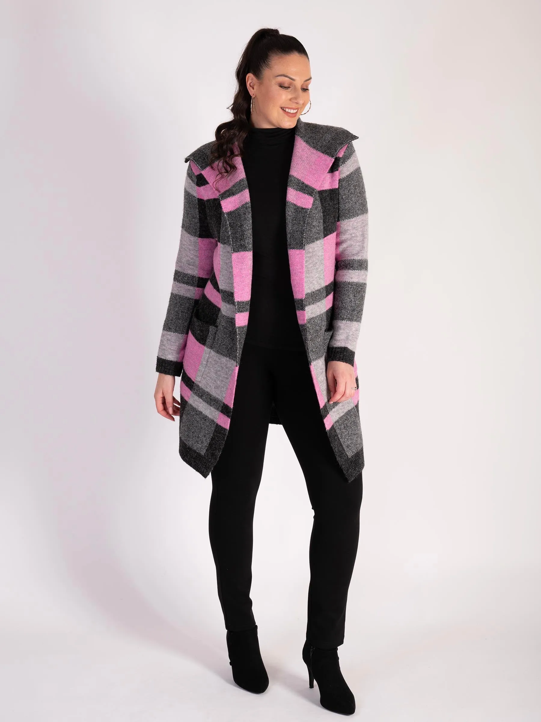 Black/Pink Checked  Knitted Coat