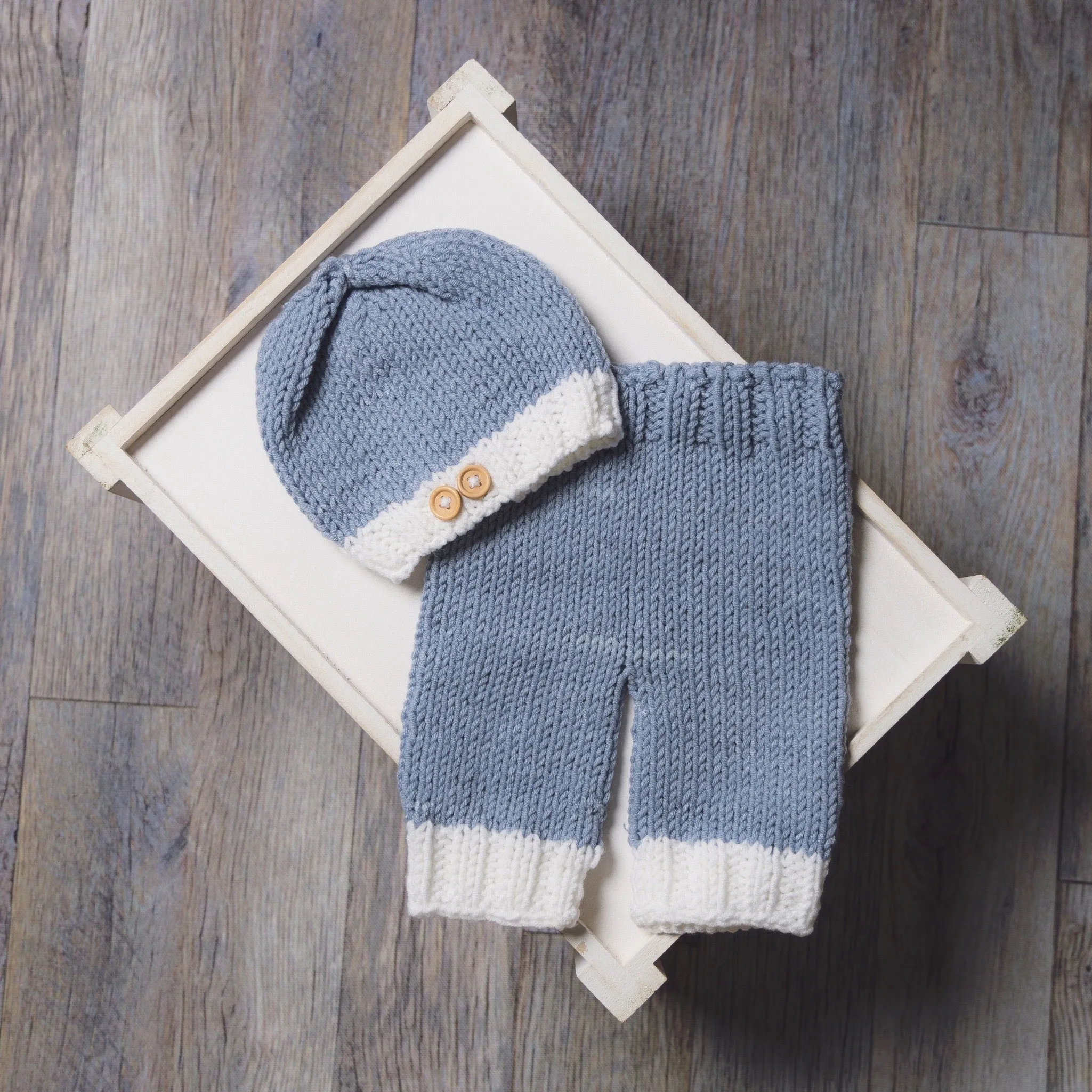 Blue and White Knit Newborn Button Hat and Pants Set